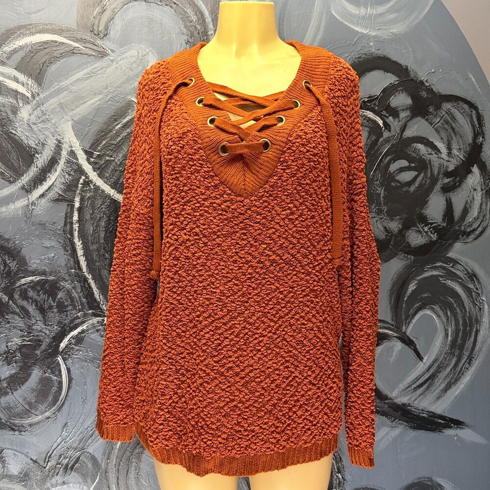 Say What Sweater XL Rust Lace-Up V-Neck Textured Knit Pullover